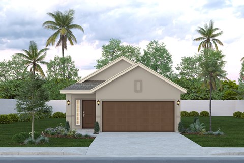 A house with a brown garage door is surrounded by greenery and palm trees.